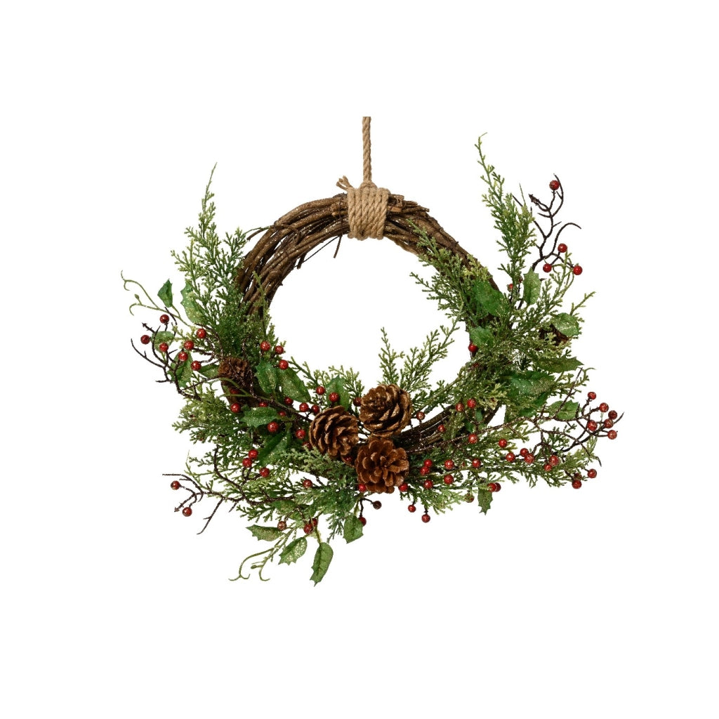 Ghirlanda c/bacche rosse-glitterate pigne D30cm