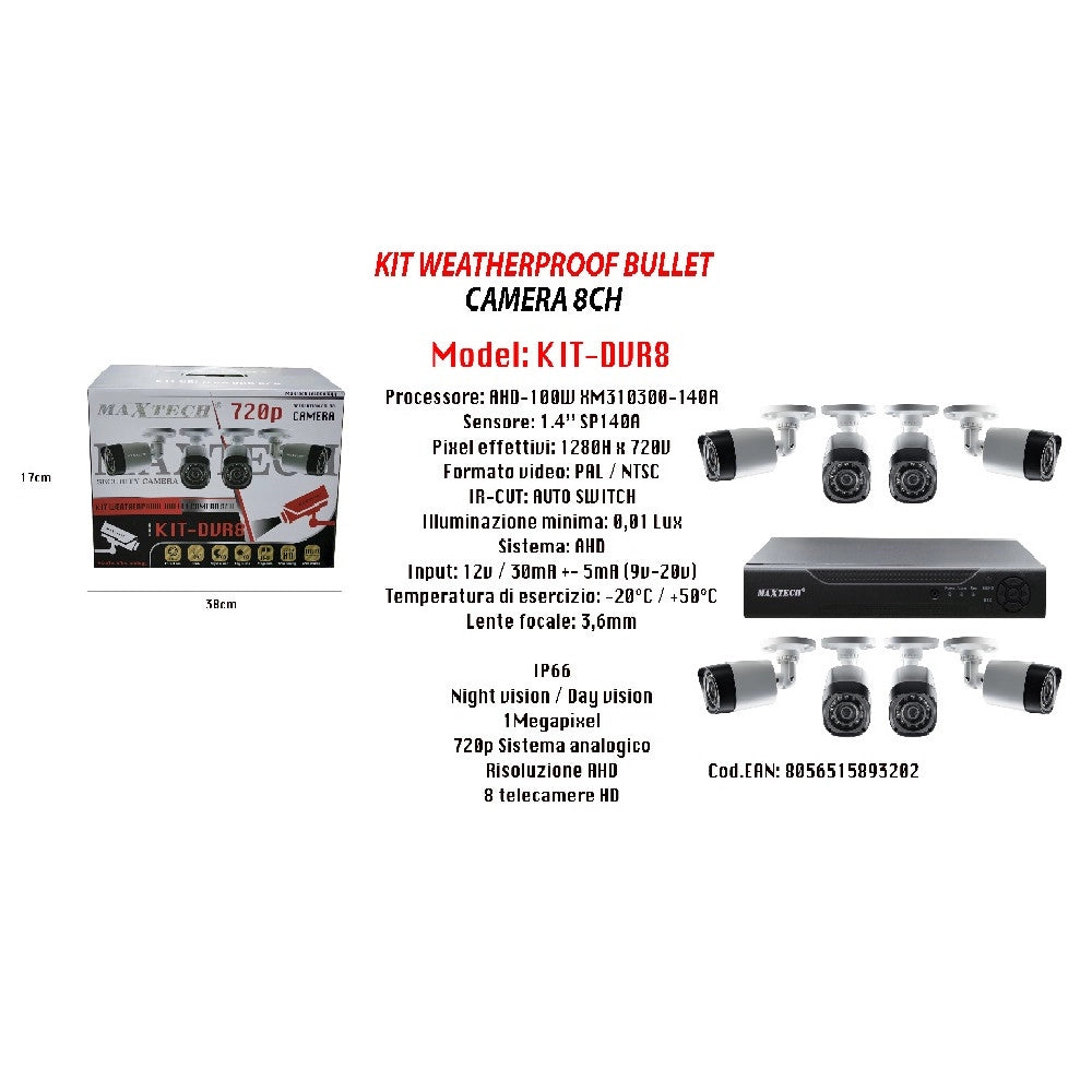 Trade Shop - Kit Telecamere Di Sicurezza Dvr 8 Canali Videosorveglianza 720p Maxtech Kit-dvr8 -