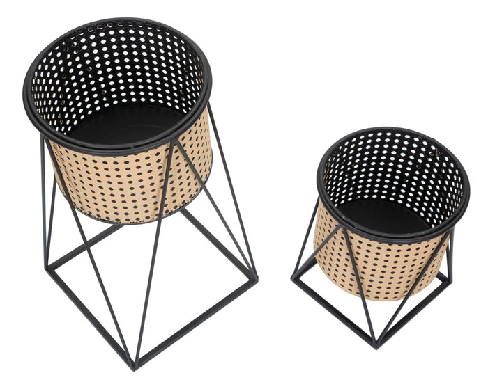 Set 2 Portavasi Ø21x40-19x22 cm in Metallo Nero e Crema