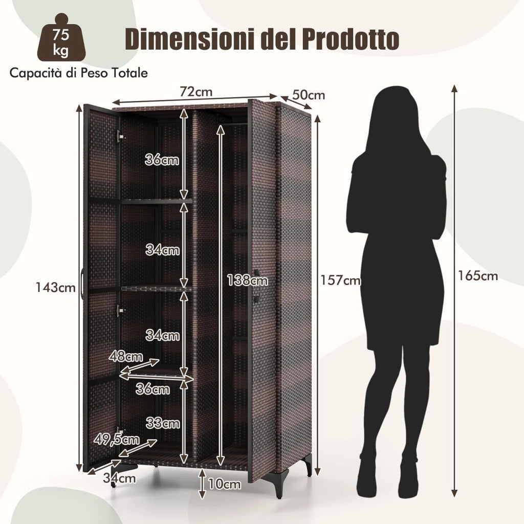 Armadio in Vimini con 2 Ante, Armadio Guardaroba in Rattan PE con Asta Appendiabiti e 4 Cubi di Stoccaggio, per Soggiorno, Camera da Letto e Patio, 72 x 50 x 157 cm (Maronne)