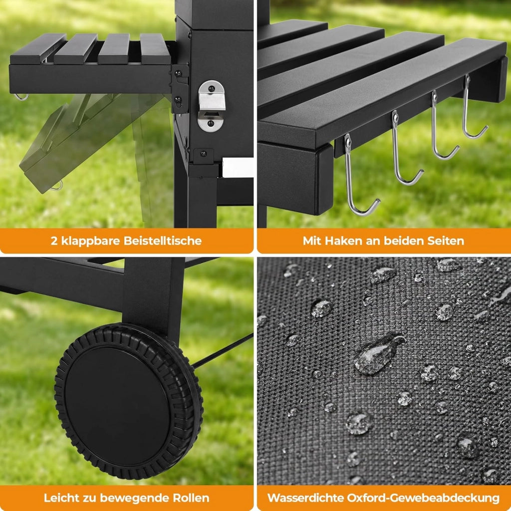Barbecue Carbonella XXL con Coperchio, Griglia per Barbecue con Copertura Impermeabile, Ruote e Termometro, Altezza regolabile, Grande BBQ Smoke, per Campeggio, Giardino