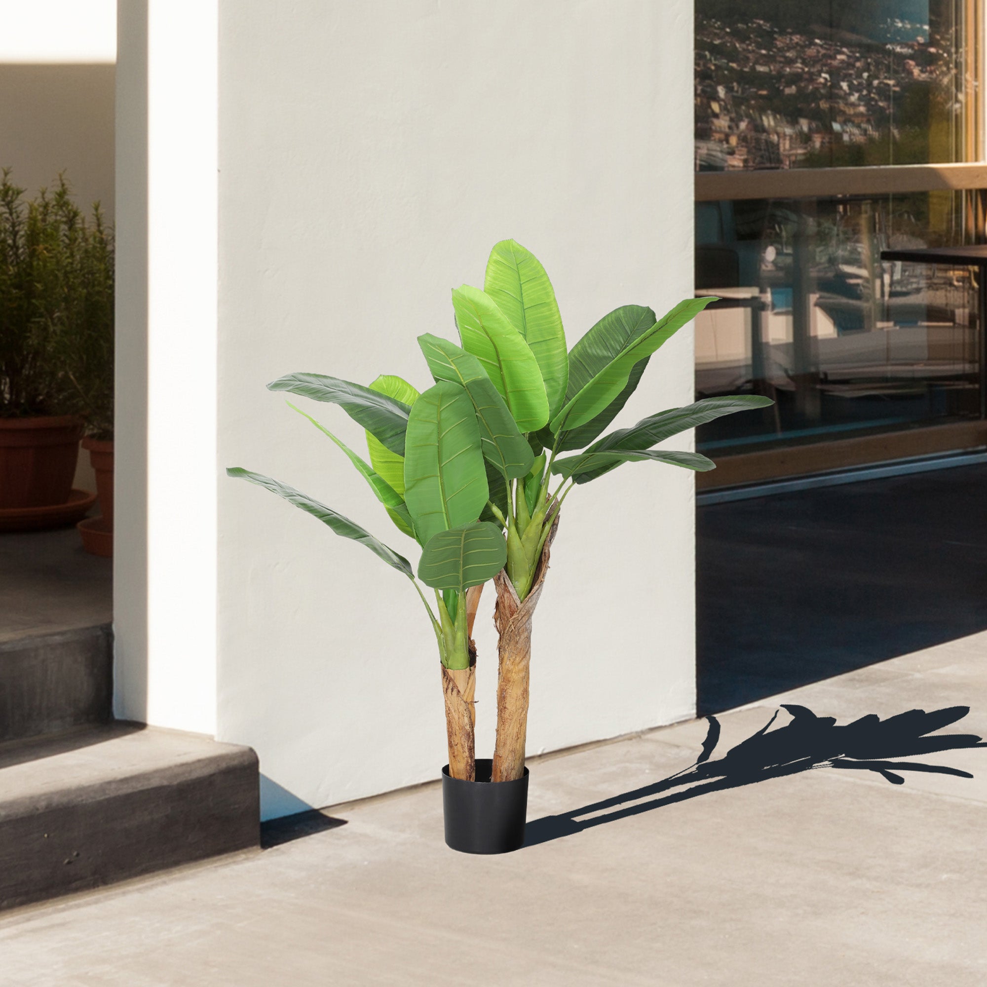 Pianta Artificiale di Banano 120 H cm per Interni con Vaso Nero
