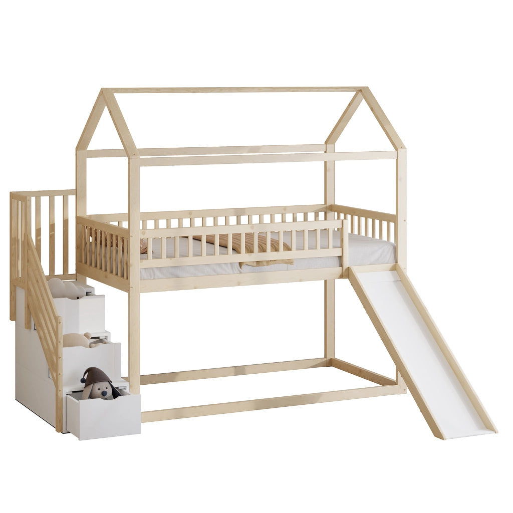 Letto a Soppalco 90x200 cm; Letto Singolo - con Scivolo e Scala Contenitore - in Legno