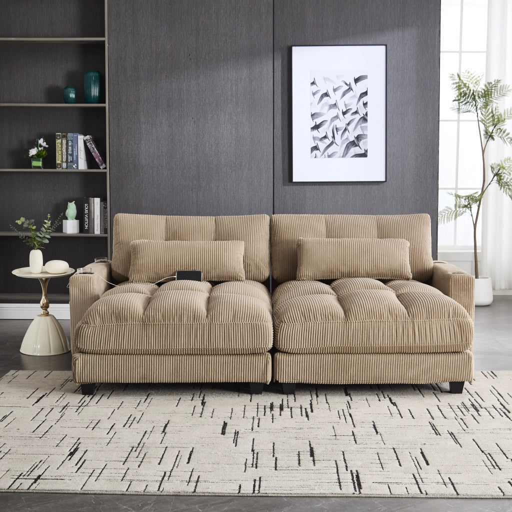 DIVANO Modulare 2 posti 224x140x81 cm tessuto corduroy kaki con 2 cuscini