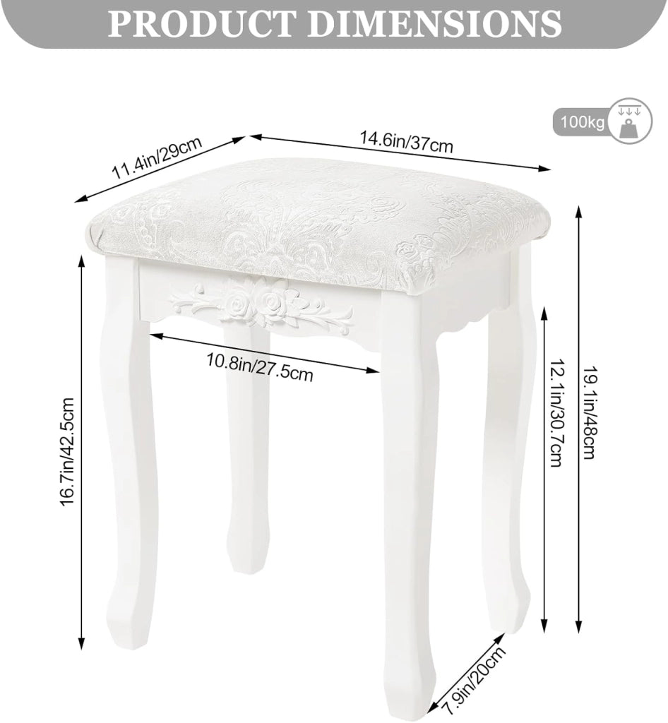 Sgabello per Tavolo da Trucco, Toeletta Sedia Imbottita per Camera con Motivo Floreale, Design Barocco, Legno di MDF + Rovere, Bianco+Beige 37x30x50cm, MB6015cm