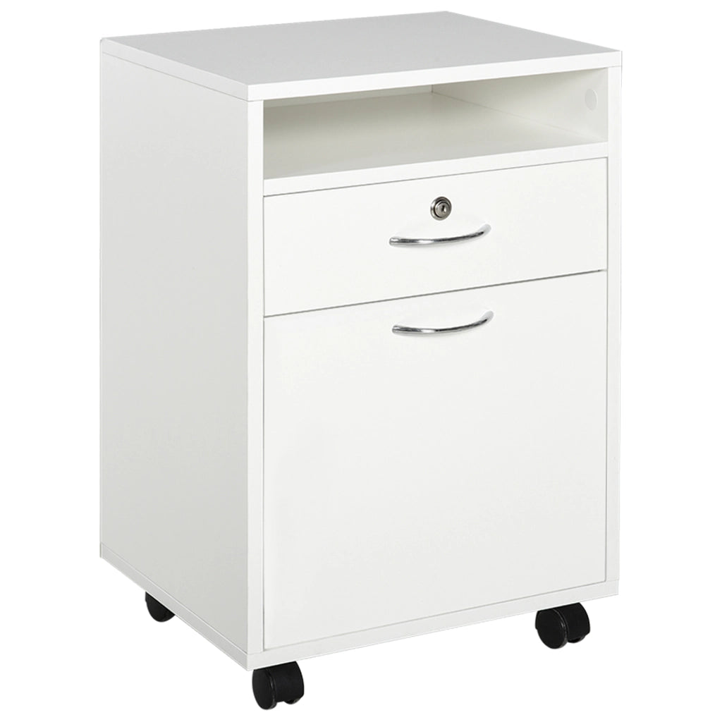 EasyComfort Schedario da Ufficio con Cassetto, Ruote a Freno e Ripiano Aperto, Cassettiera Ufficio con Serratura e 2 Chiavi per Lettera/Legale/Formato A4, Armadietto per Studio, 40x35x60cm, Bianco