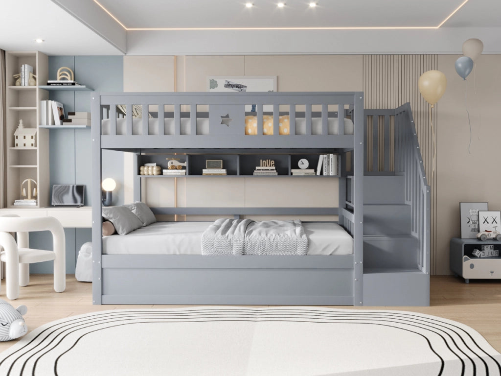 DESMIU Letto a castello 90 × 200 cm 2 posti con contenitore idraulico, ripiani e scala, senza materasso, grigio