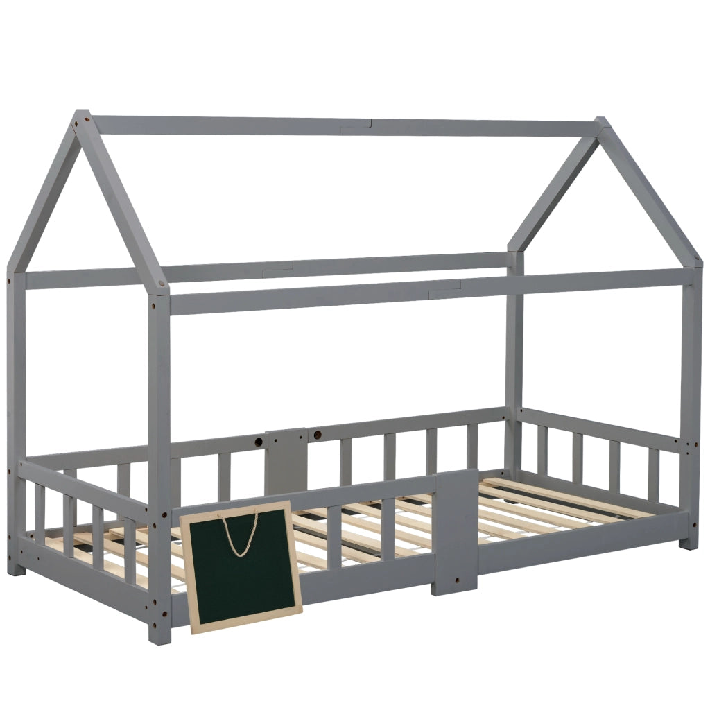 Letto Casetta 90×200 cm; Letto Singolo con Sponda di Sicurezza e Lavagna; senza Materasso; Grigio