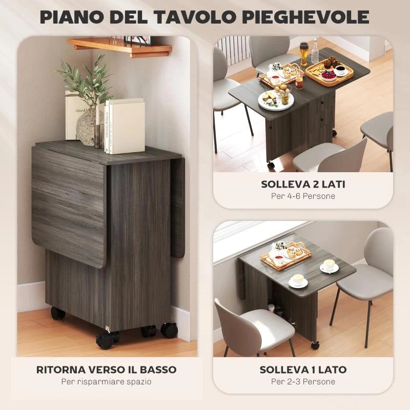 TAVOLO A RIBALTA A 6 ROTELLE CON 2 CASSETTI E ARMADIETTO AD ANTE, IN LEGNO, 120X60X76.5 CM, GRIGIO