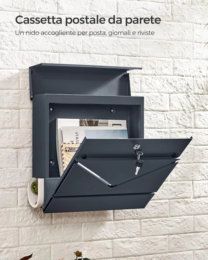 SONGMICS Cassetta Postale, Finestra a V, Cassetta Posta da Parete con Serratura, Coperchio, Vano Portagiornale, Facile da Montare, Grigio Antracite GMB054G01