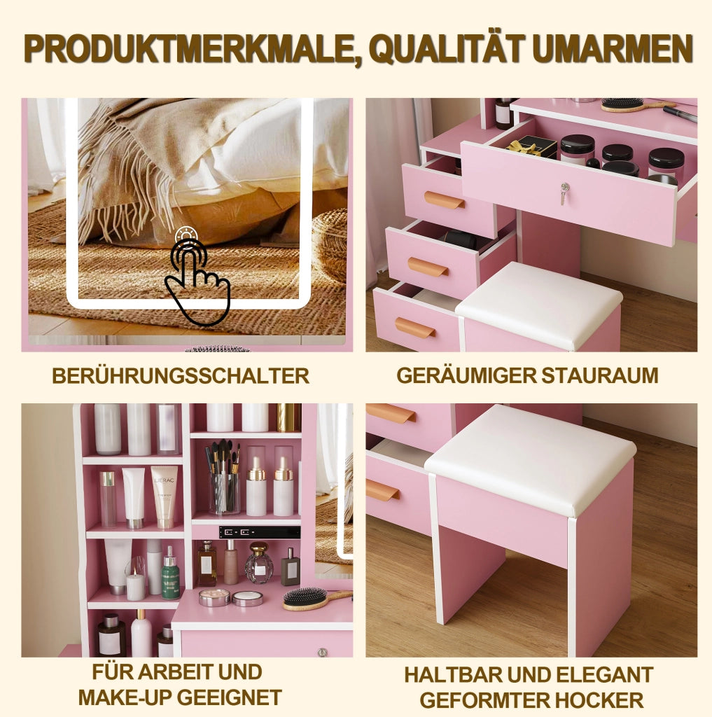 Toeletta rosa con specchio LED, sgabello e vani contenitore