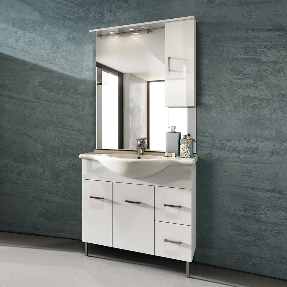 Mobile bagno venice bianco lucido cm 85 con lavabo e specchio
