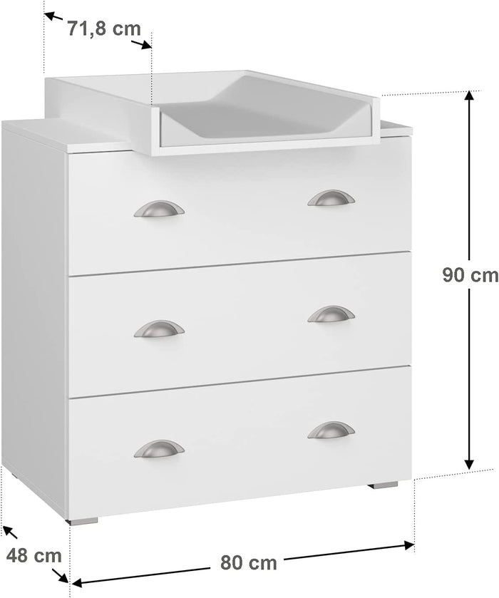 Cassettiera per bambini con fasciatoio rimovibile 80x71,8x90 cm 3 cassetti MIA Bianco opaco