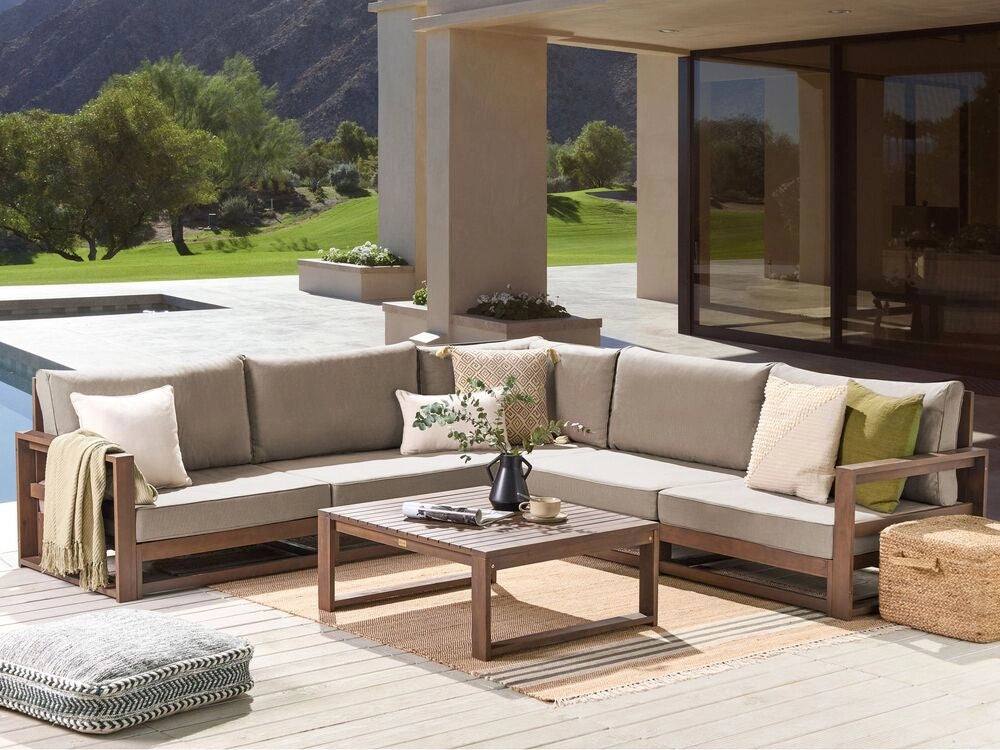 Set da giardino 5 posti in legno di acacia con cuscini grigio tortora lato destro moderno elegante