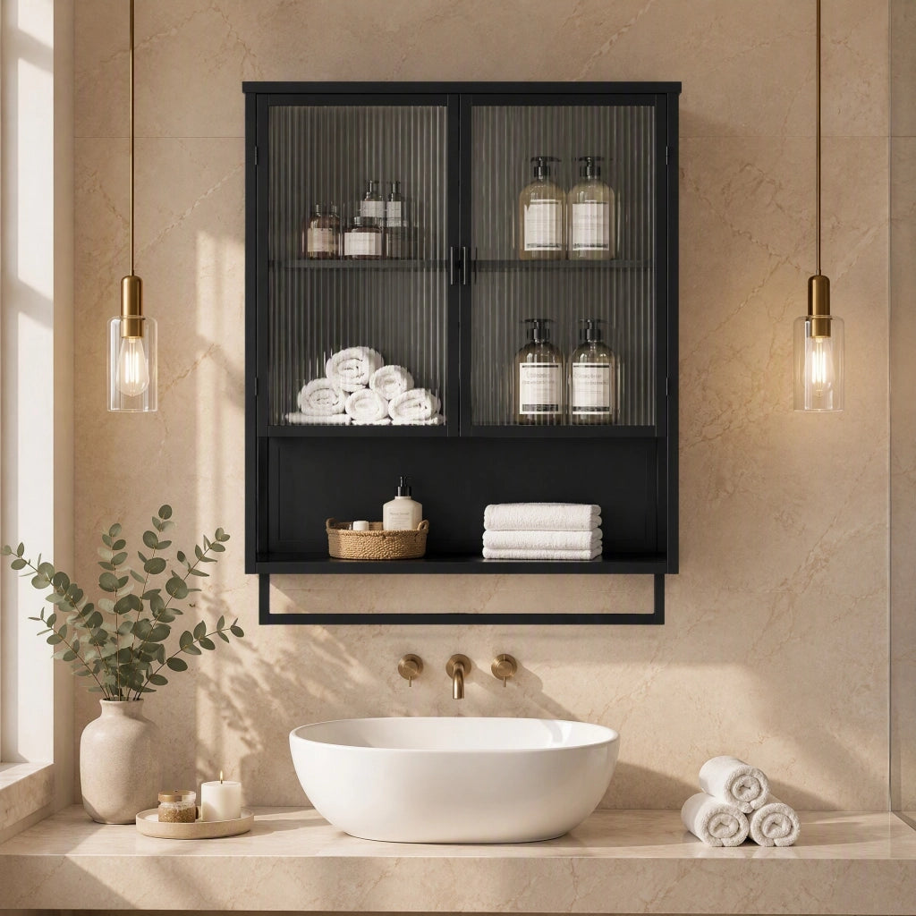 Credenza da parete moderna nera con ante in vetro, ripiano aperto e barra porta asciugamani, 60 x 23 x 78 cm