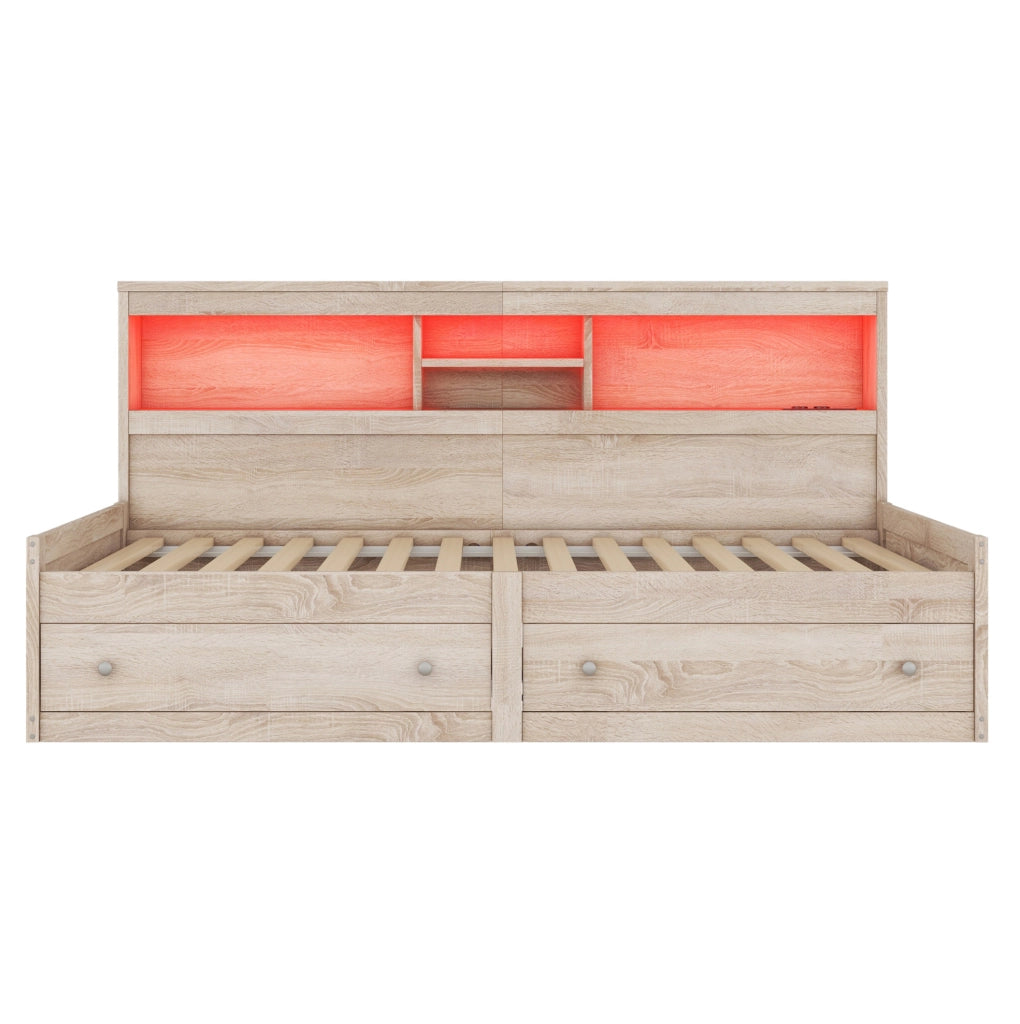 Letto 90x200 cm con LED; USB; prese e cassetti in truciolato e MDF