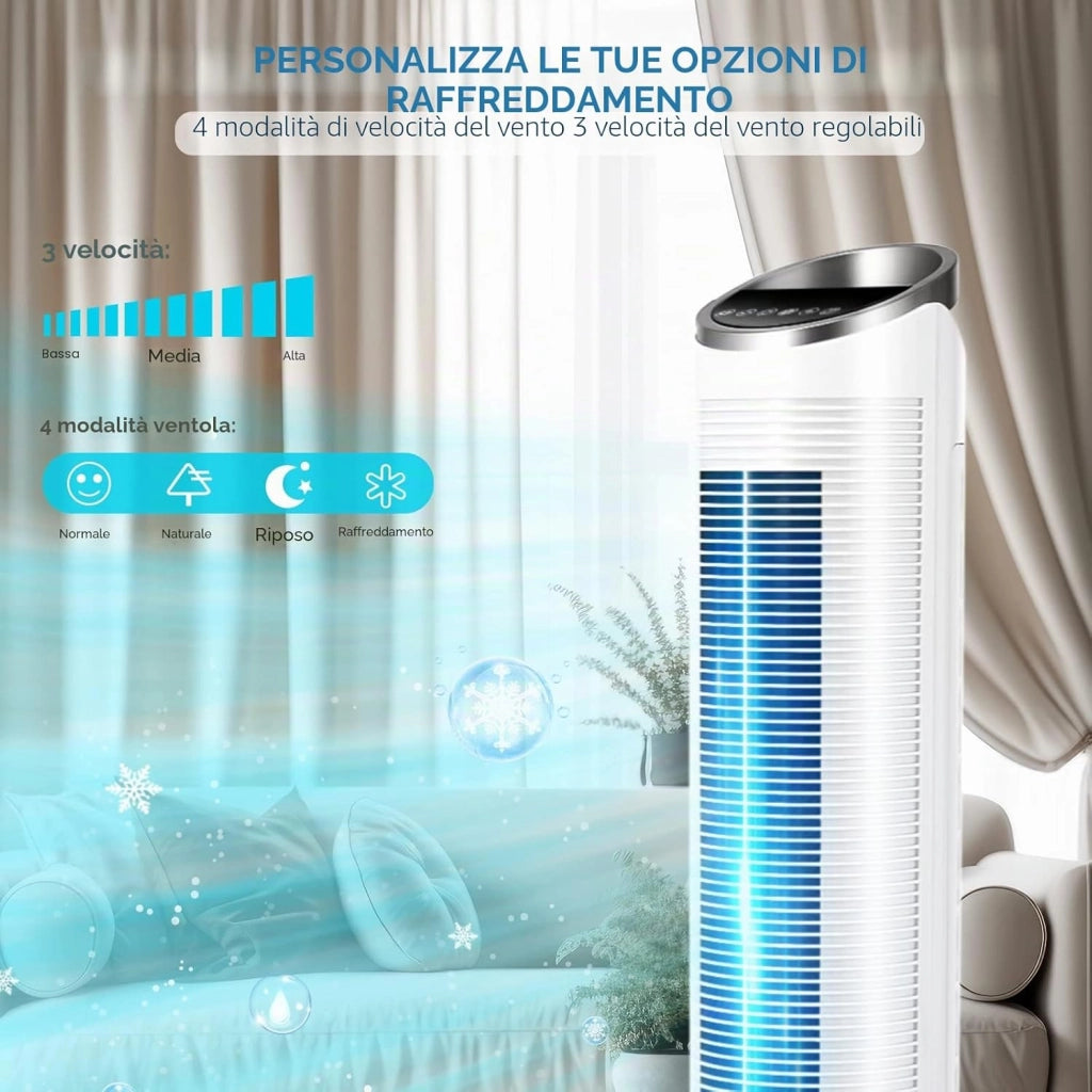 Ventilatore a Torre da 101 cm con Telecomando e Raffreddamento ad Acqua, Timer 8 Ore, Pulizia 4 In 1, con Raffreddamento, Umidificazione, Pulizia per Camera da Letto, Soggiorno, Ufficio