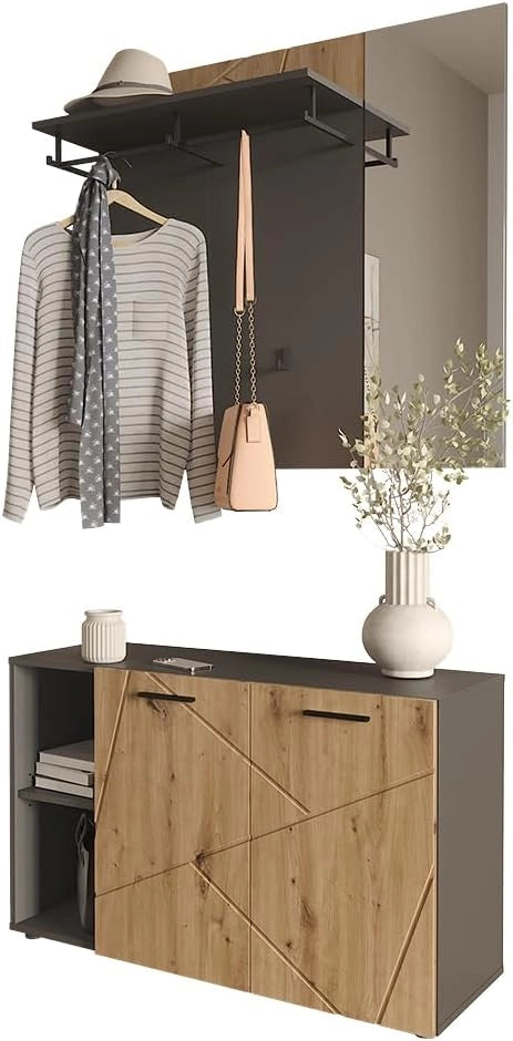 Armadio da ingresso Irma, Antracite/Artisan, 106 x 63 cm Set con scarpiera e appendiabiti a muro con specchio