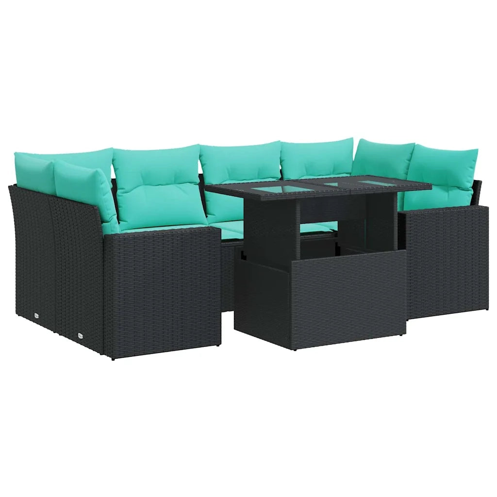 Set Divani da Giardino con Cuscini 7pz Nero Polyrattan Acacia