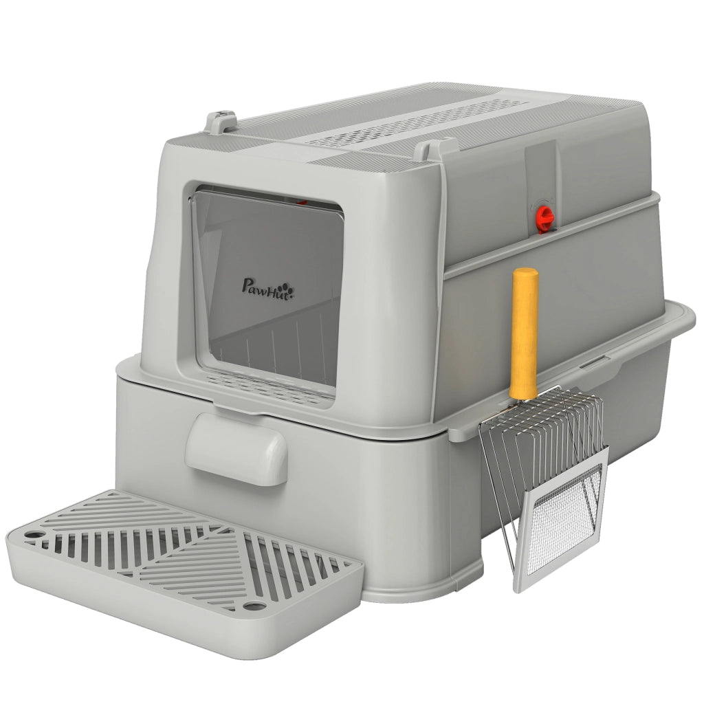 Lettiera per Gatti Chiusa 63x43x43 cm Capacità da 80L con Vassoio Estraibile in ABS e Acciaio Inox Grigio Chiaro