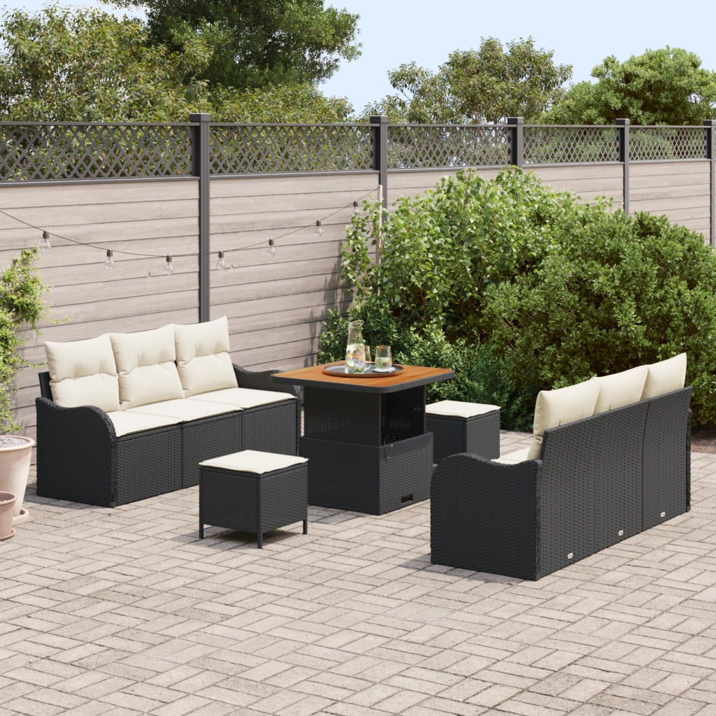Set Divano da Giardino 9 Pezzi con Cuscini Nero Rattan Polimerico Acacia
