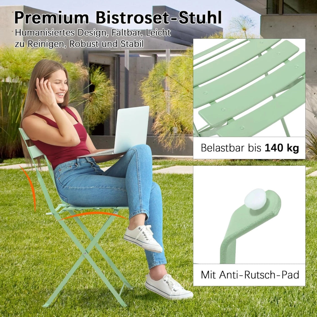 Set da Bistrot Pieghevole 3 Pezzi, Tavolo da Giardino Bistrot in Metallo, 1 Tavolo e 2 Sedie per Piccoli Balconi, Resistente alle Intemperie, per Balcone, Giardino e Terrazzo, Verde