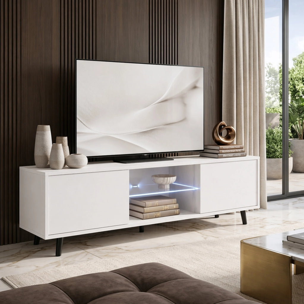 Mobile TV Con Due Ante Battenti Porta Televisore In Melaminico Vano Centrale Con Ripiano In Vetro E LED Piedini In Metallo Per Soggiorno Salotto Zona Living 140 X 31.5 X 40 Cm Bianco