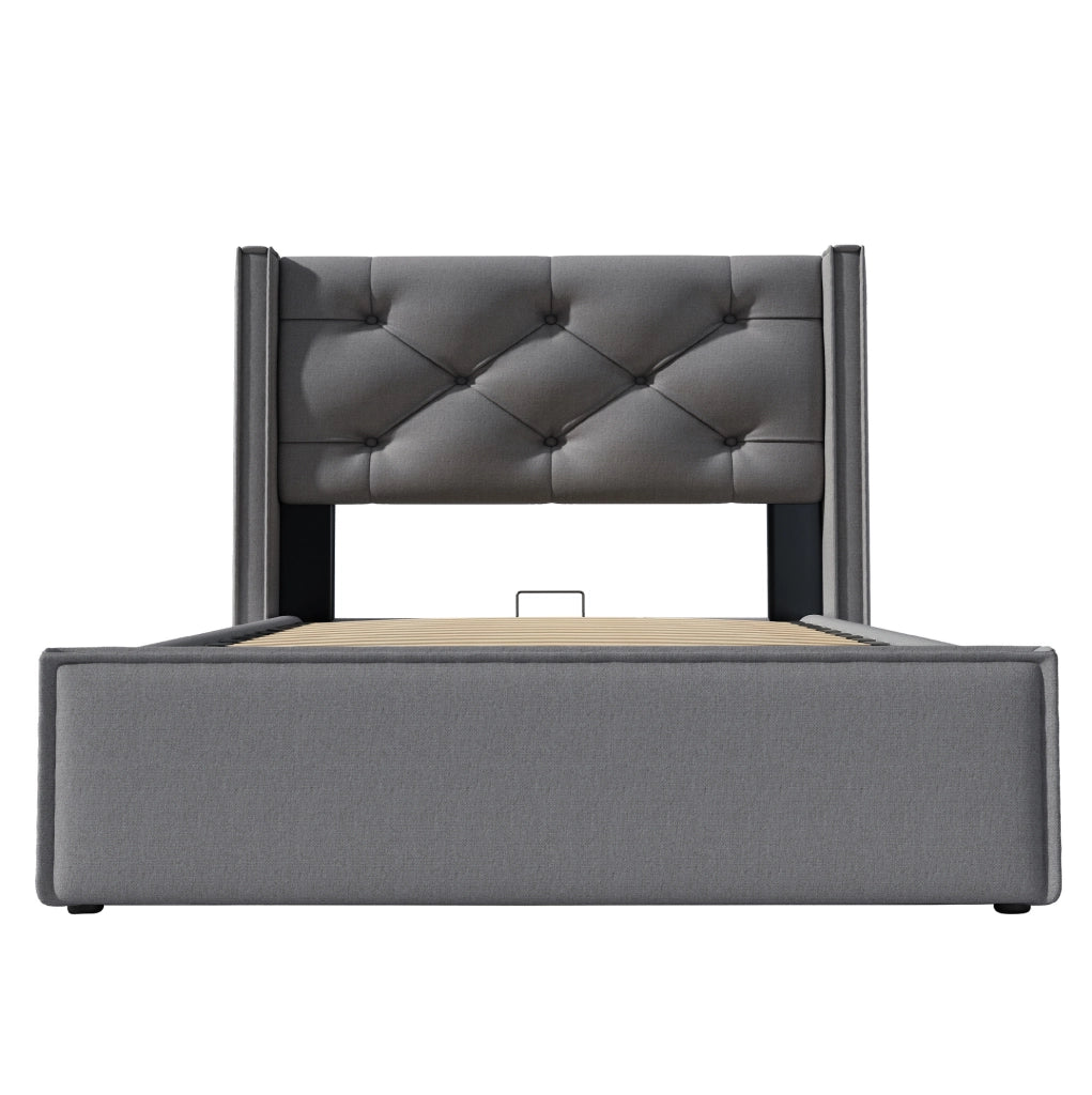 Letto imbottito grigio 90x200 cm con contenitore e materasso a molle
