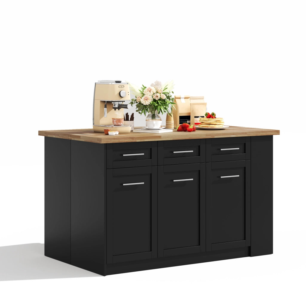 Isola da Cucina 150/246x90x90 cm Nera e Legno Naturale con Tavolo Estraibile 96 cm; 6 Cassetti e Ripiani