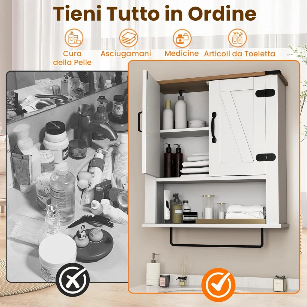 Mobiletto da Parete per Bagno con Porta Asciugamani, Armadietto Farmhouse con Ante a Botte & Ripiano Regolabile, Organizer da Muro Sopra il WC per Lavanderia, Cucina e Soggiorno