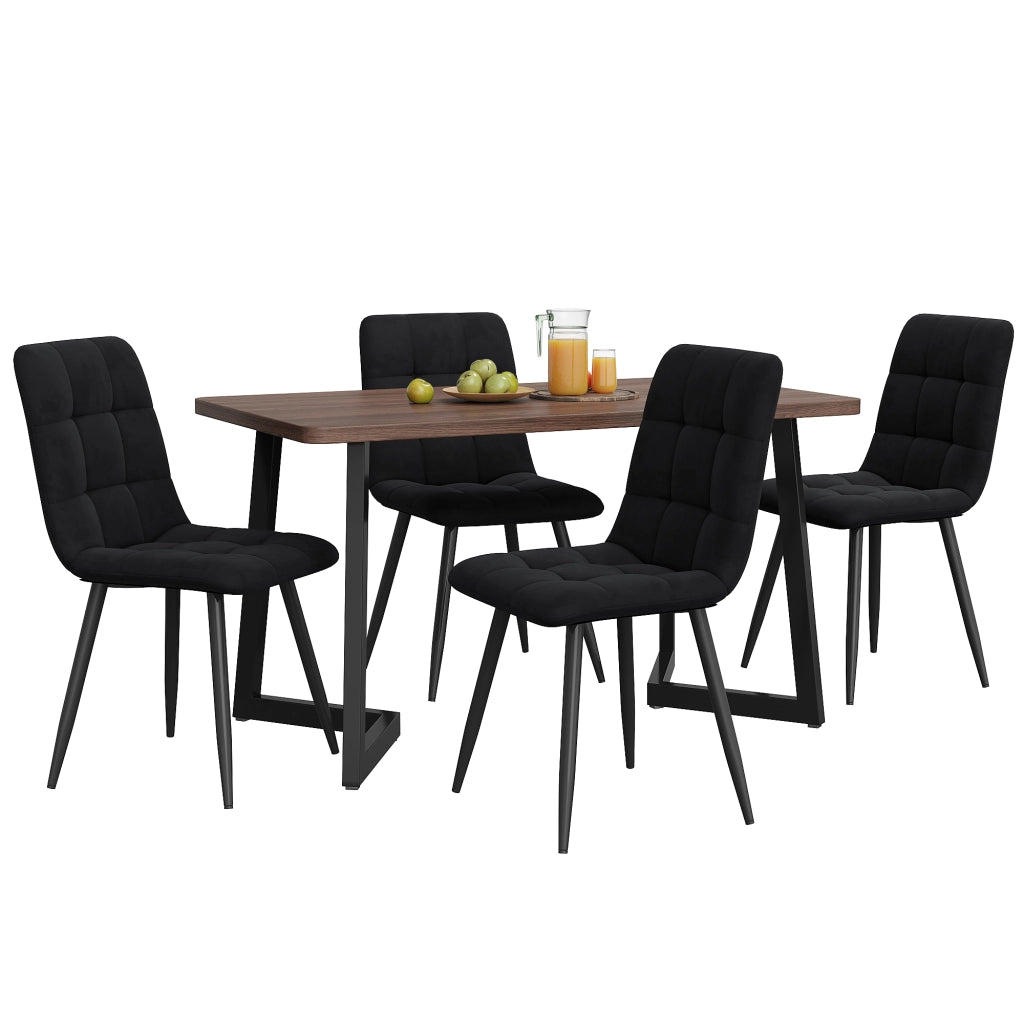 Set tavolo da pranzo con 4 sedie in velluto piano in MDF noce gambe in metallo nero per cucina 117 × 68 × 75 cm