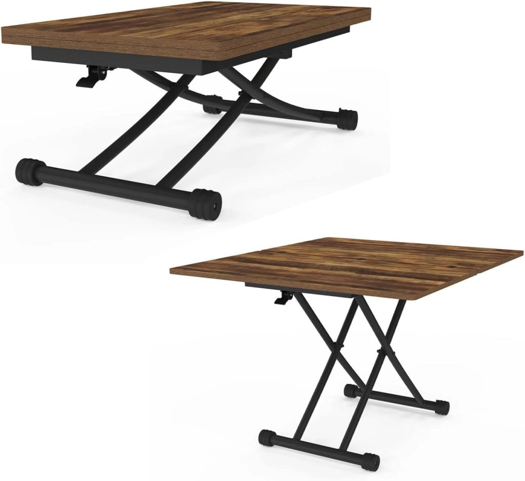 Tavolino 2 in 1 URBANA, trasformabile in tavolo da pranzo rettangolare, 100 cm, legno scuro e nero, design industriale