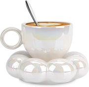 Set di Ciotole per Caffè in Porcellana Creativa con Manico e Cucchiaio in Argento - 200ml - Bianco Perlaceo - Utilizzo Casa e Ufficio