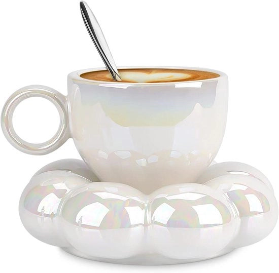 Set di Ciotole per Caffè in Porcellana Creativa con Manico e Cucchiaio in Argento - 200ml - Bianco Perlaceo - Utilizzo Casa e Ufficio