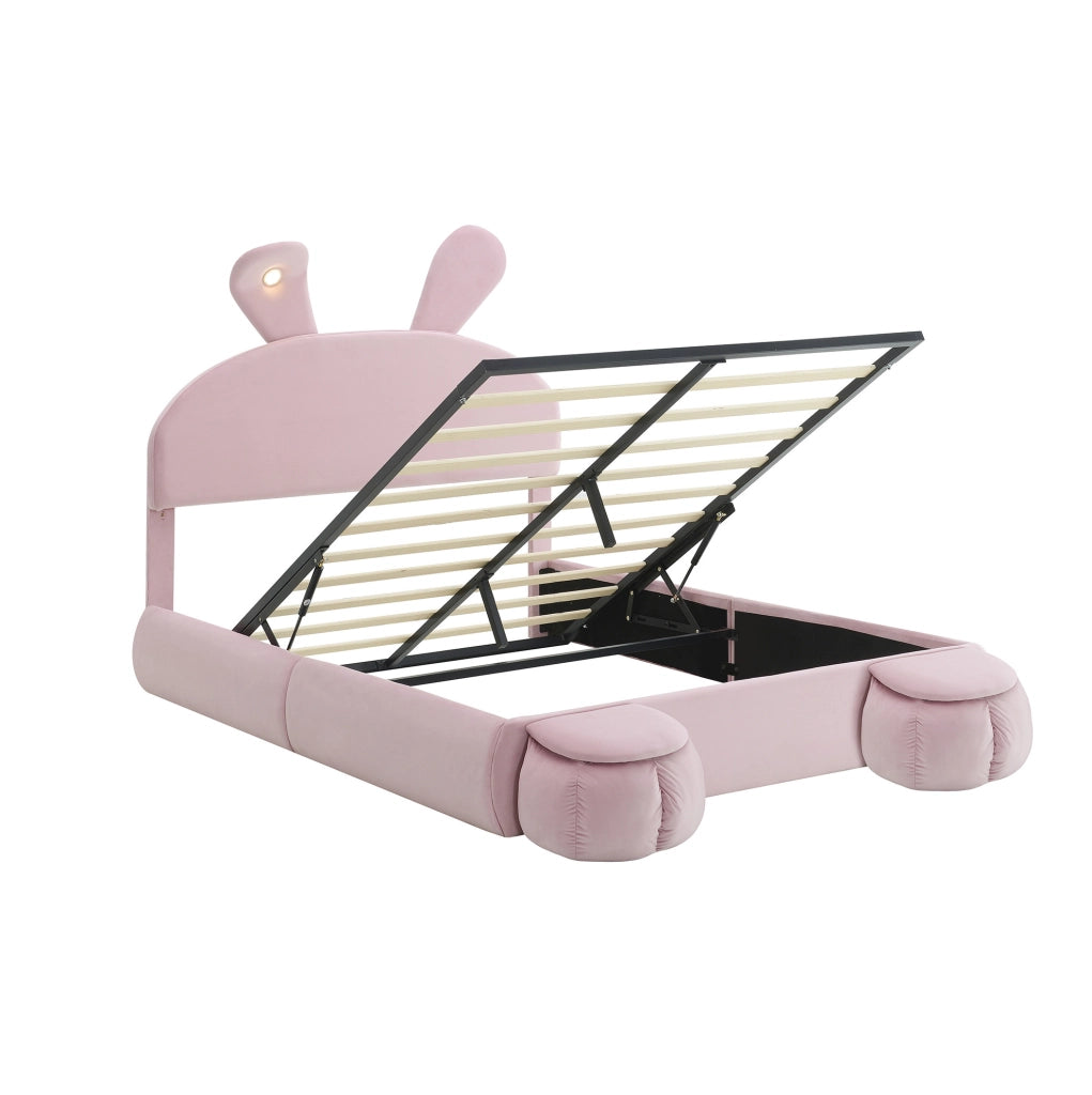 Letto imbottito 140x200 cm con contenitore e LED in velluto rosa