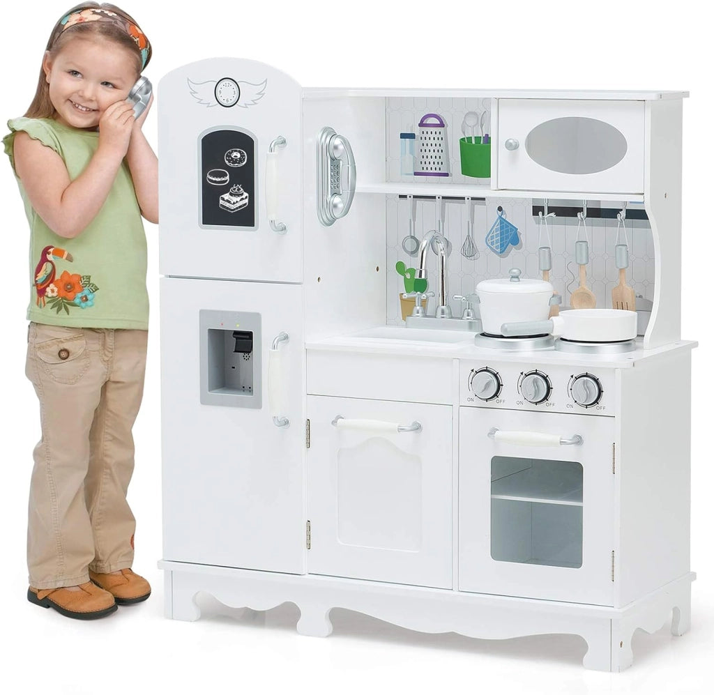 Cucina Giocattolo per Bambini in Legno, Cucina per Bambini con Telefono, Lavello, Forno Fornelli, Frigo e Distributore Acqua, con Luci e Suoni Realistici, Bianco