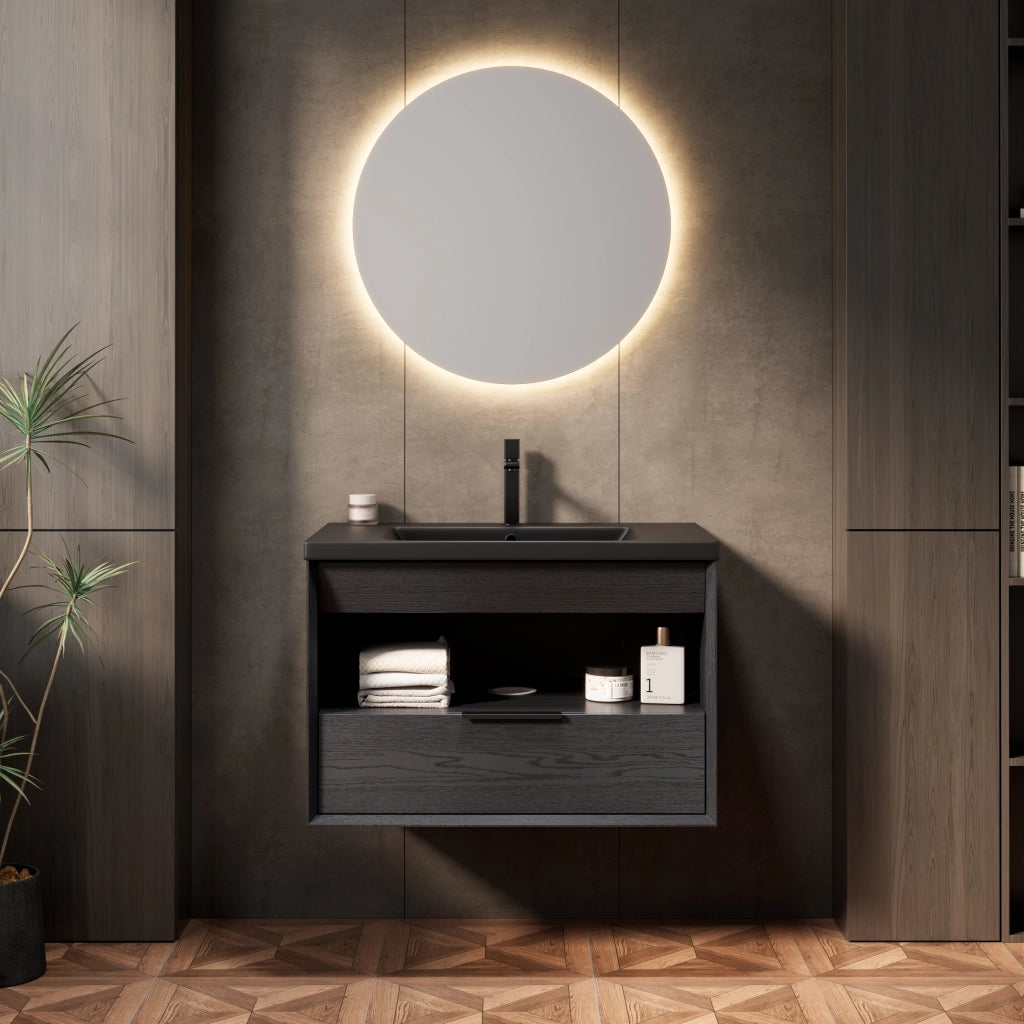 Mobile sottolavabo sospeso con lavabo integrato in ceramica nera, cassetto e ripiano aperto per bagno