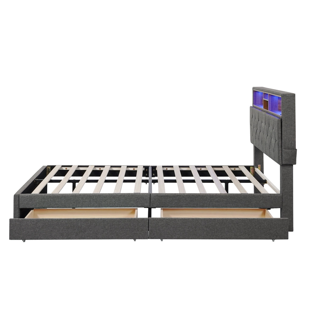 Letto matrimoniale con testiera regolabile; LED e USB; 2 cassetti; grigio 140x200 cm