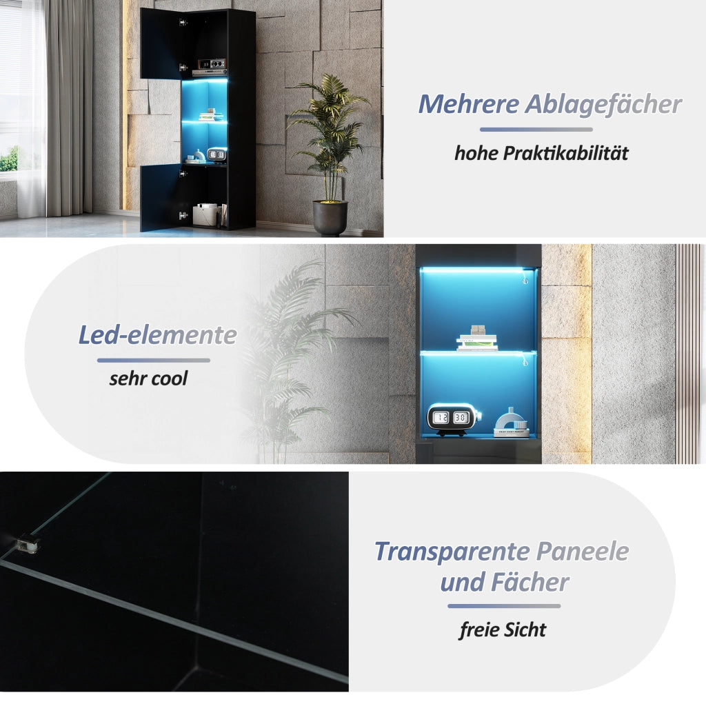 Vetrina con LED e 2 ante con ripiano in vetro temperato per soggiorno o ufficio in truciolato nero 45 × 35 × 160 cm