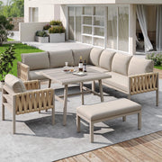 Set Divano Angolare da Giardino ¨C Xylo ¨C Cuscini Inclusi, Piano in Vetro Temperato, Beige