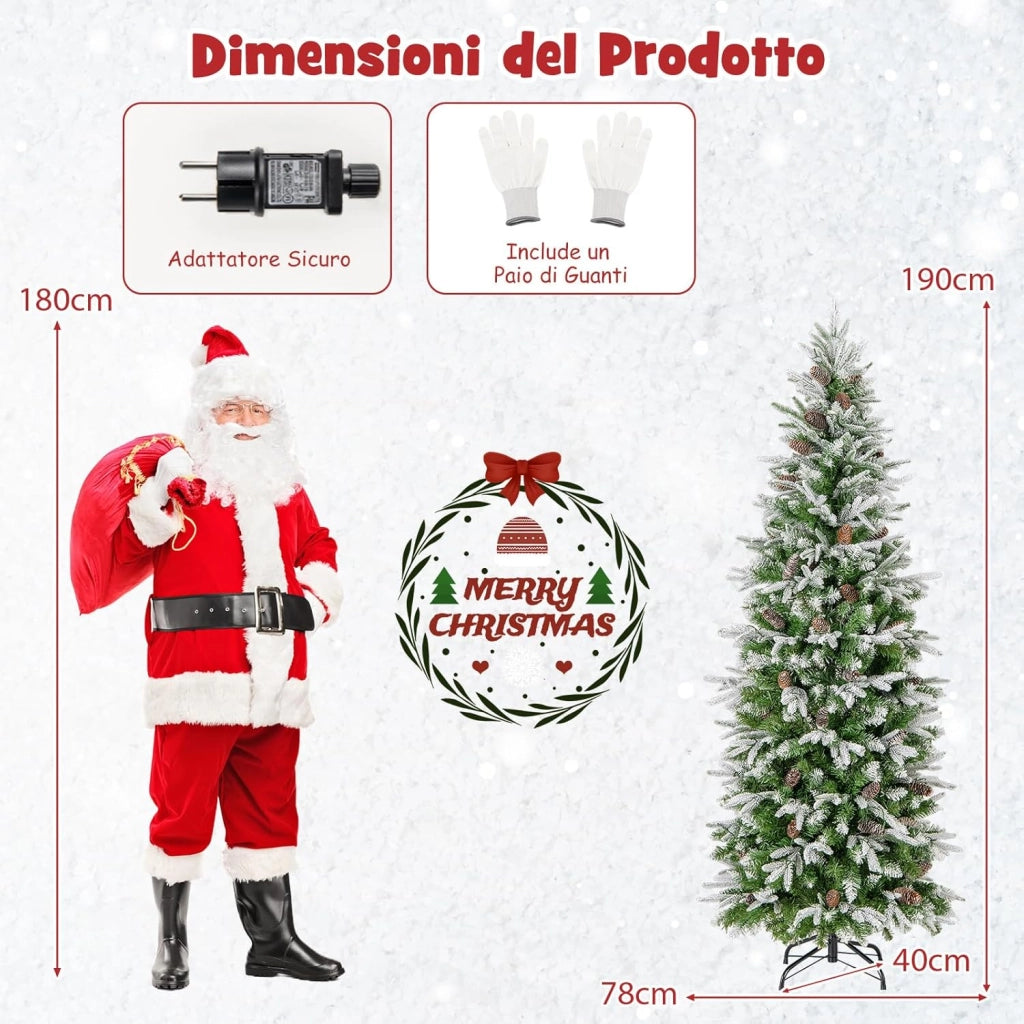 Albero di Natale Slim Pre-Luminoso 190/225 CM, Albero di Natale Artificiale Innevato con 280/350 Luci LED Bianche Calde, Rami Articolati e 671/913 Punte e 60/75 Pigne (190 CM)