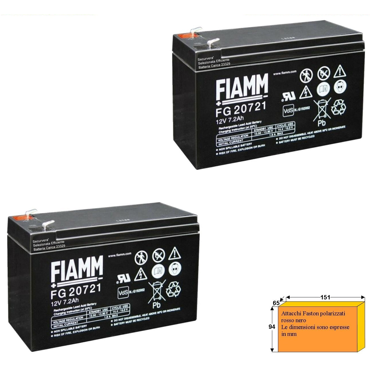 2 BATTERIE RICARICABILI FIAMM 12V 7,2AH Securvera SF-172DRFSCSC