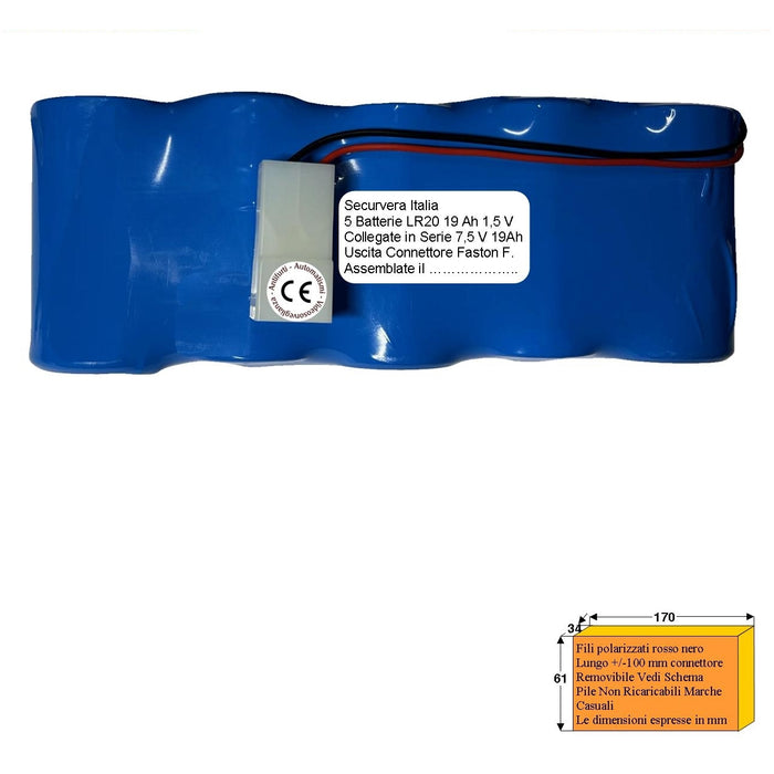 PACCO BATTERIA 7,5V 19AH 5 PILE ALCALINE USCITA FASTON Securvera SV-BAUBTSVCVE