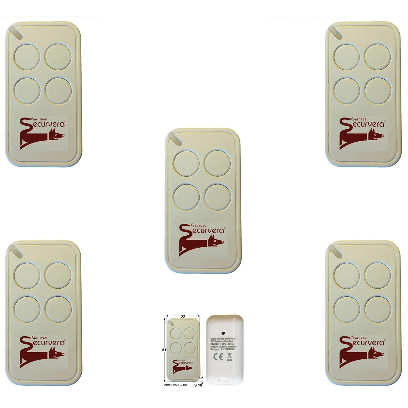 5 RADIOCOMANDI 4 CANALI CODICE UNIVOCO ROLLING CODE Securvera SV-TRC5RC4CSD