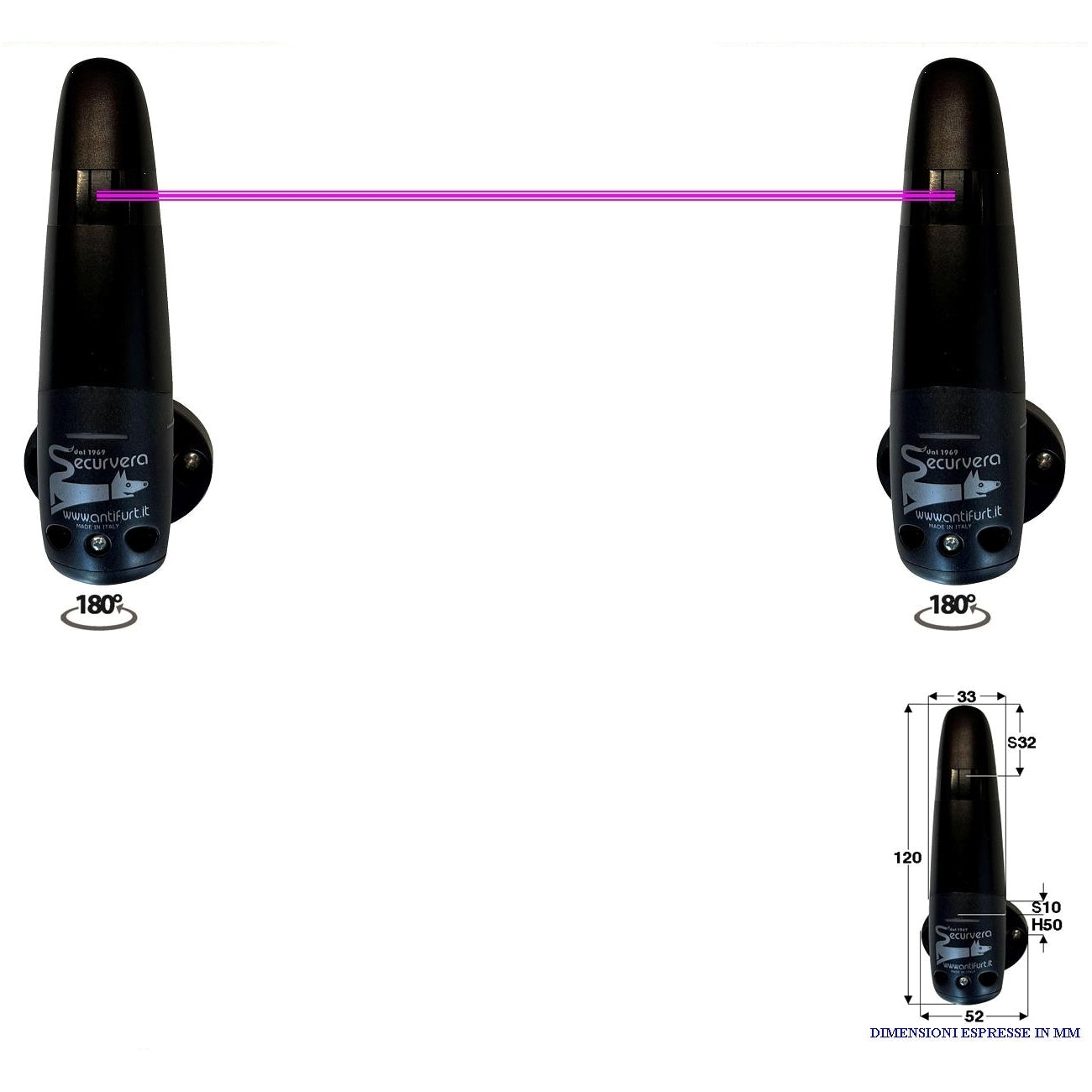 COPPIA DI FOTOCELLULE ROTANTI 180° PORTATA 20MT 12/24Vac Securvera SV-FTLFSOEPVD