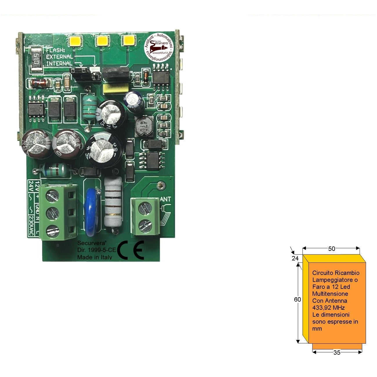 SCHEDA RICAMBIO 12 LED LUCE FISSA O INTERMITTENTE Securvera SV-SLUCRLDLSE