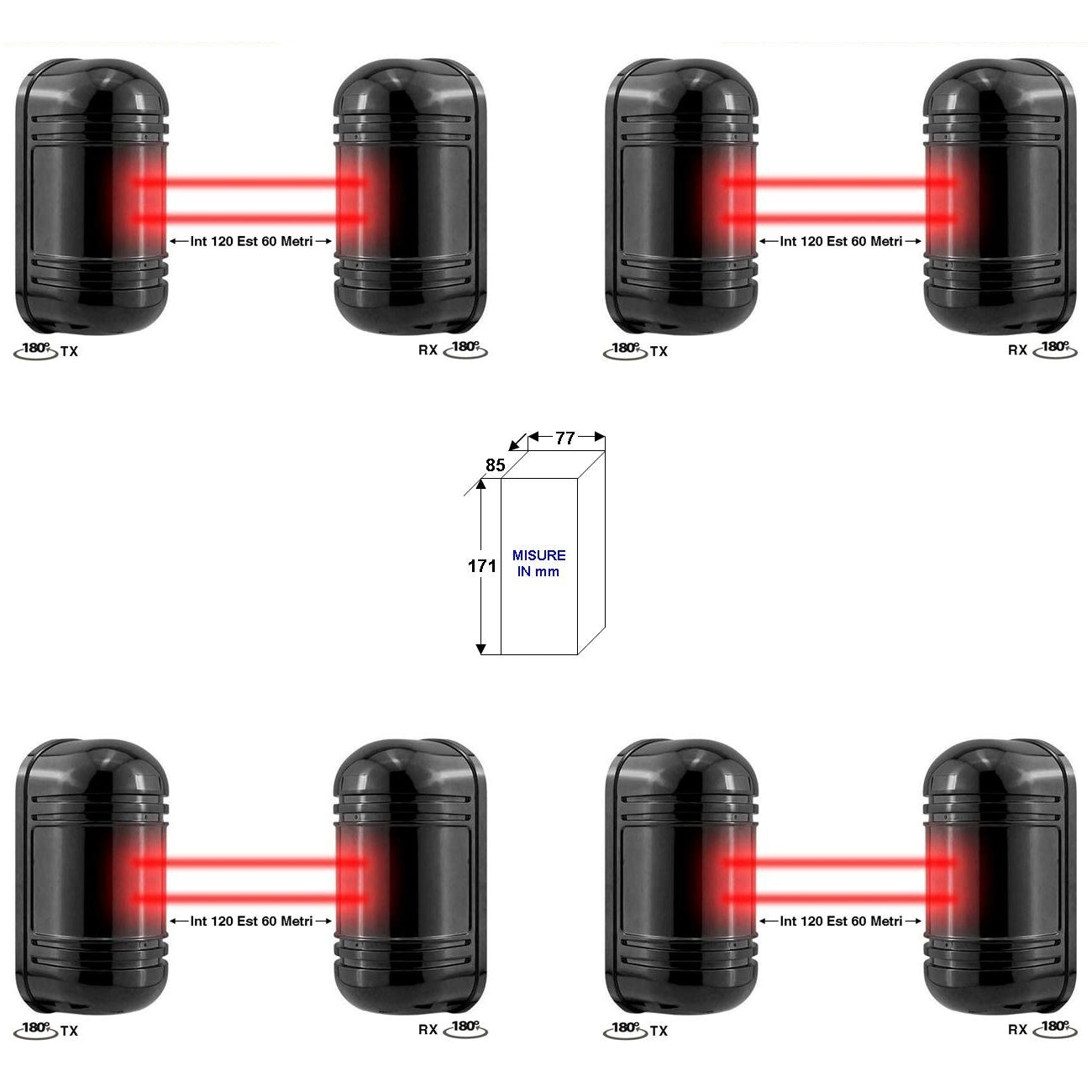 4 BARRIERE IR ATTIVI ORIENTABILI DOPPIO FASCIO SINCRO Securvera SD-BES4BDRSOE