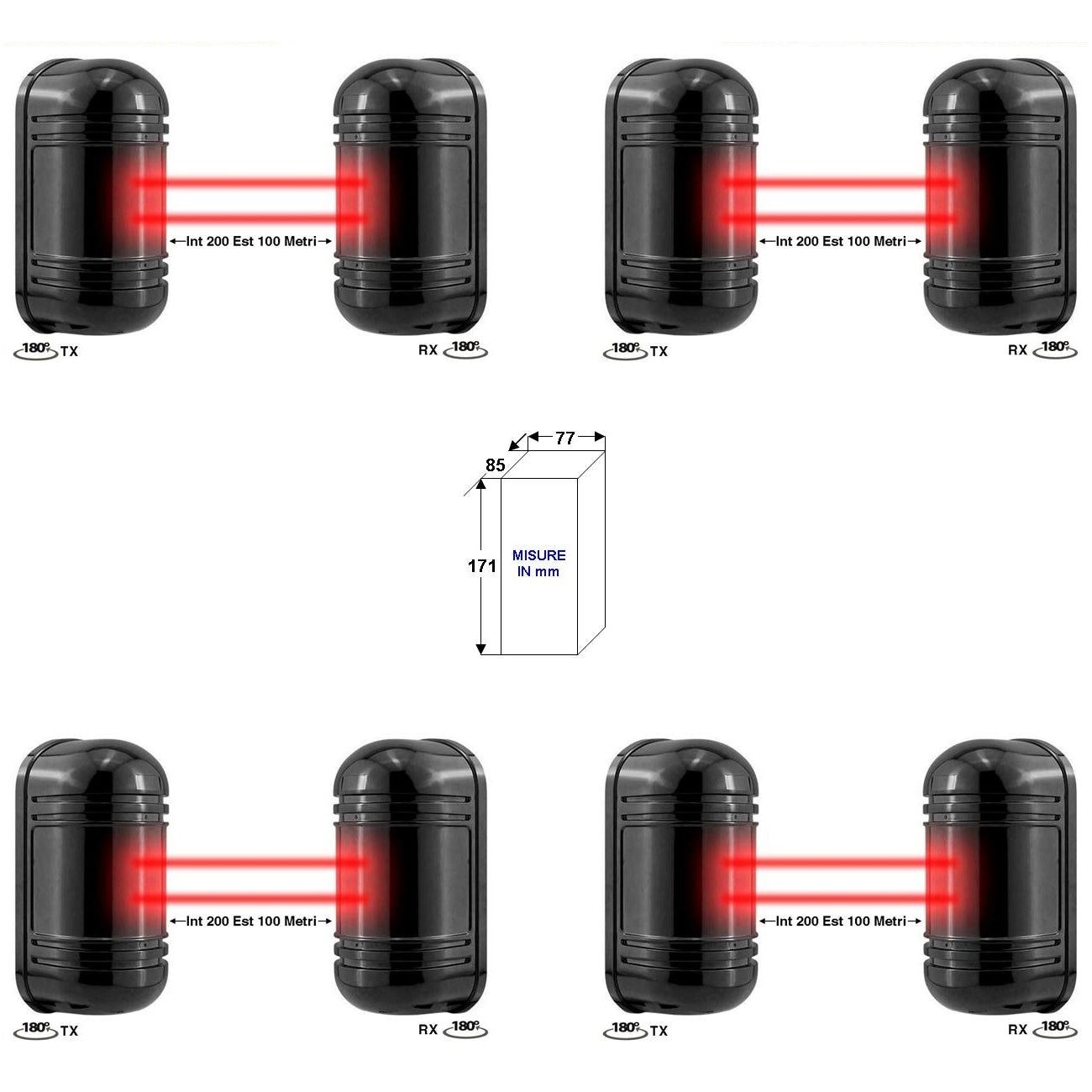 4 BARRIERE IR ATTIVI ORIENTABILI DOPPIO FASCIO SINCRO Securvera SD-BEC4BDRSOC
