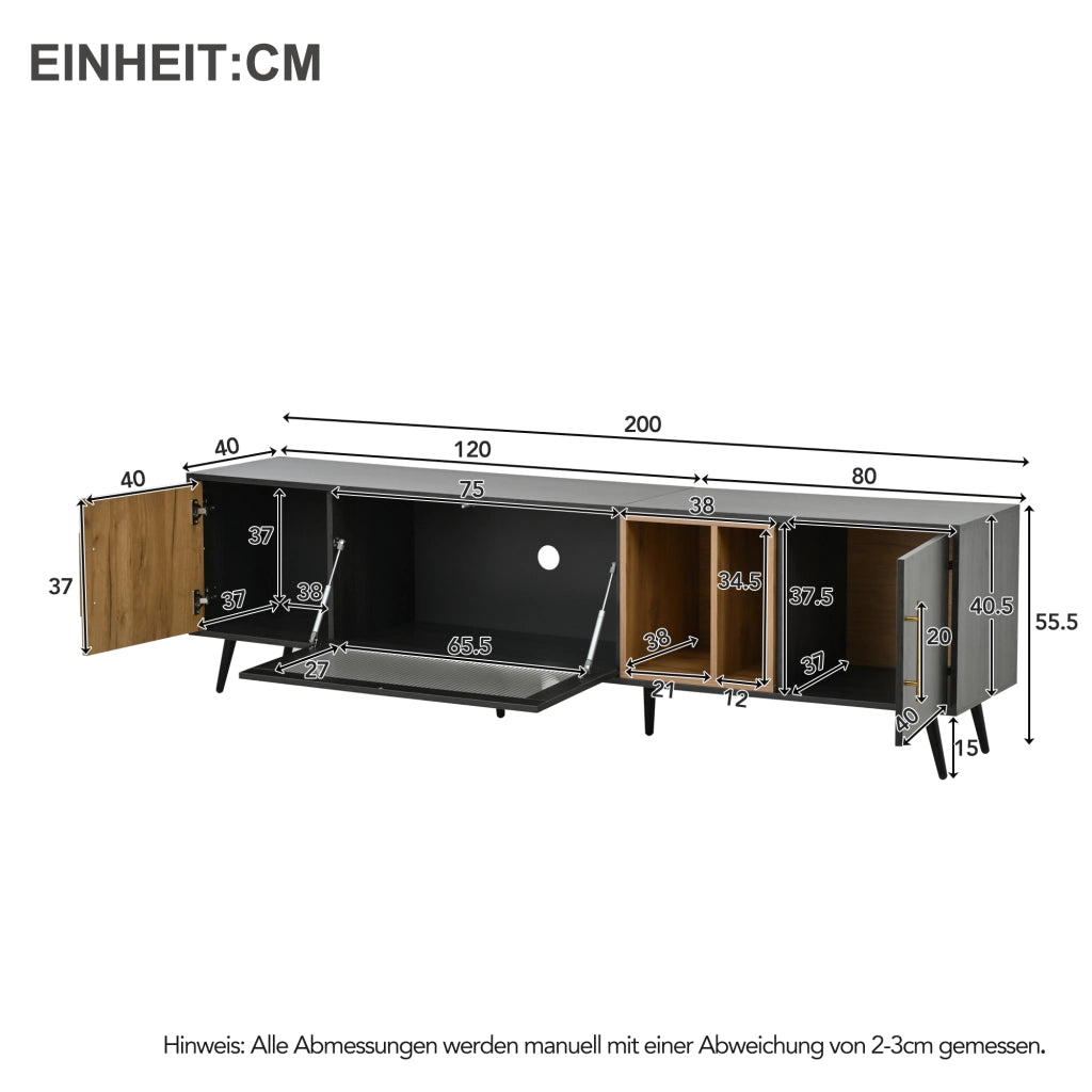 Mobile TV 200x40x55;5 cm in MDF grigio e marrone con ante e vano a giorno
