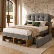 Letto singolo in velluto grigio 90x200 testiera curva regolabile cassetti doghe
